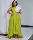Lime maxi dress, sleeveless high-low hem with floral applique and chain belt
