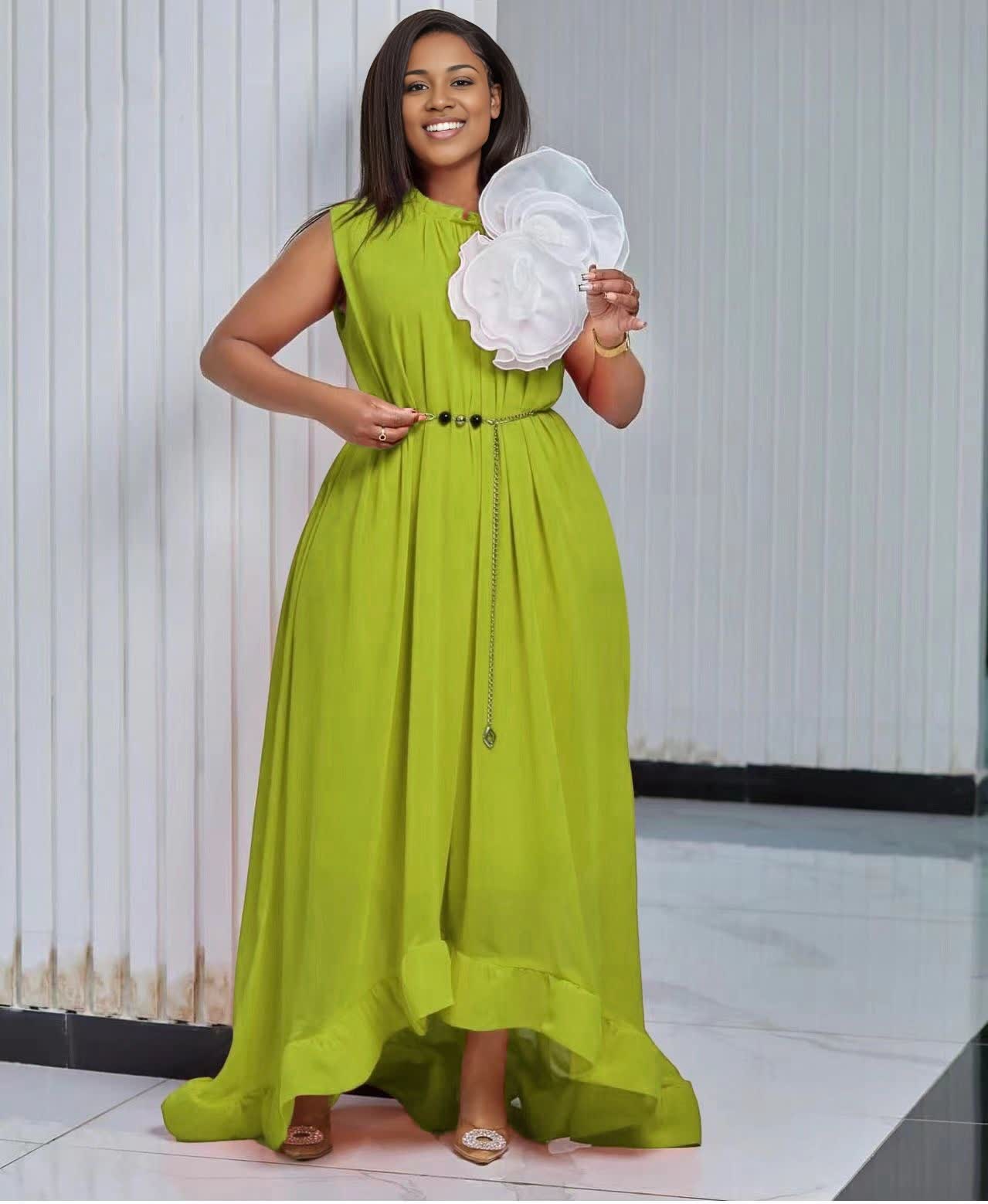 Lime maxi dress, sleeveless high-low hem with floral applique and chain belt