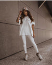 White printed short-sleeve top and matching leggings set with script logo