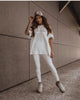 White printed short-sleeve top and matching leggings set with script logo