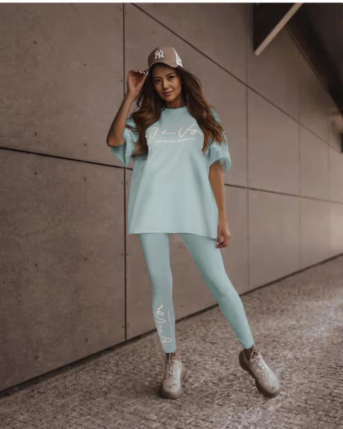 Light-cyan printed twin set: short-sleeve top with matching leggings