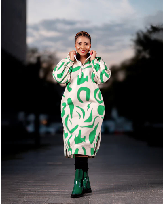 Hooded Leaf Pattern Long-Sleeve Dress with Side Slit