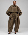 Coffee-brown two-piece set with balloon-sleeve cropped button shirt and pleated trousers