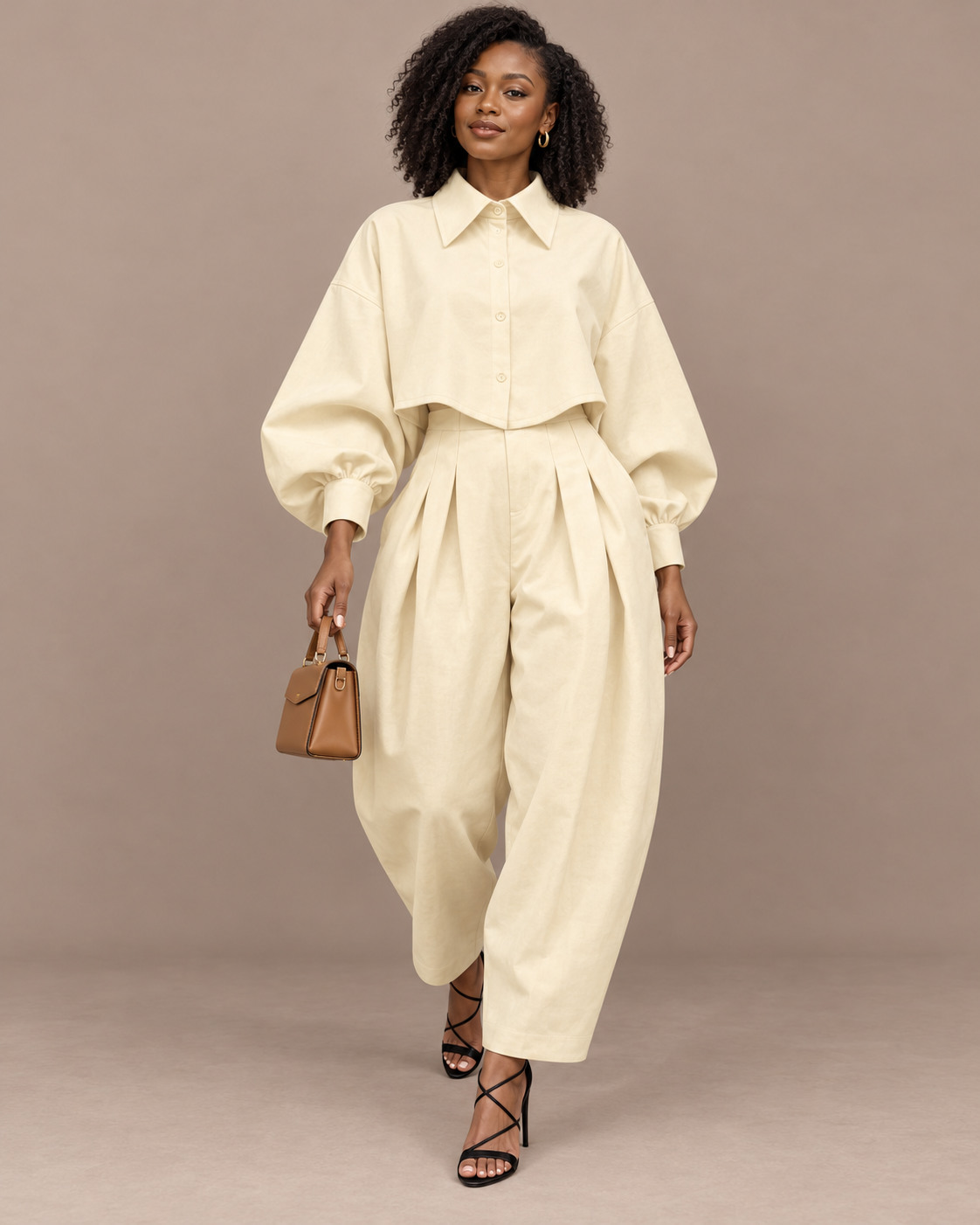 Ivory two-piece set with balloon-sleeve cropped button shirt and pleated trousers