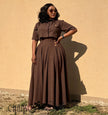 Dark brown cropped pleated maxi skirt set with short-sleeve buttoned shirt