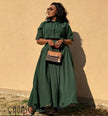 Dark green cropped pleated maxi skirt set with short-sleeve buttoned shirt