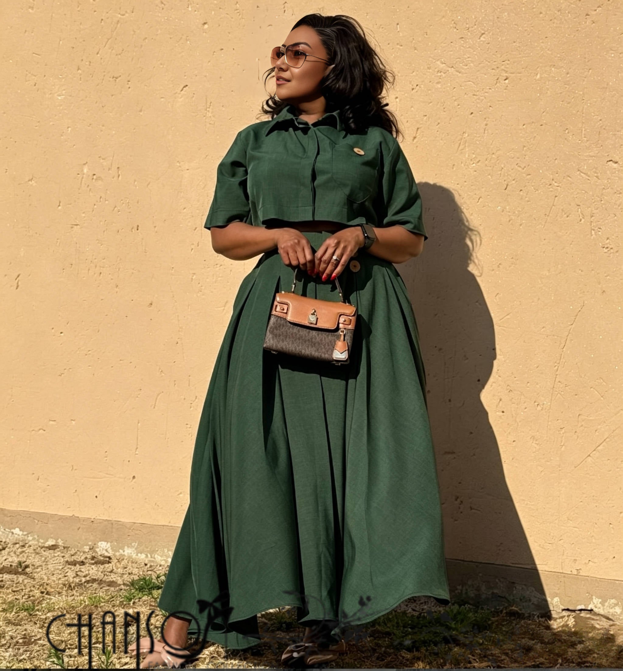 Dark green cropped pleated maxi skirt set with short-sleeve buttoned shirt