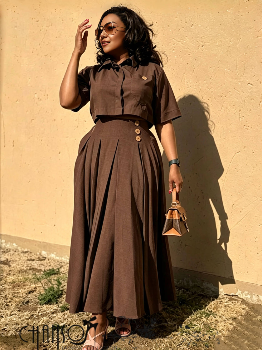 Brown cropped pleated maxi skirt set with short-sleeve buttoned shirt