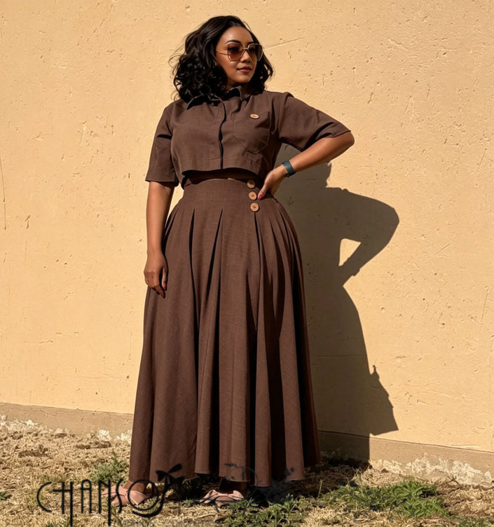 Dark brown cropped pleated maxi skirt set with short-sleeve buttoned shirt
