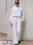 White contrast-piping zip tracksuit jacket and drawstring wide-leg pants set