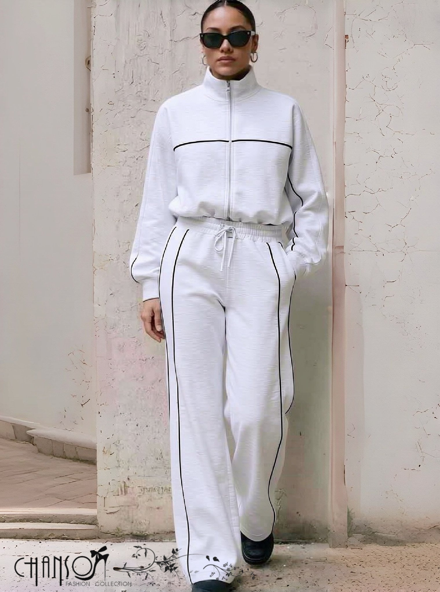 White contrast-piping zip tracksuit jacket and drawstring wide-leg pants set