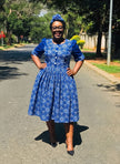 Blue floral print women's traditional midi dress