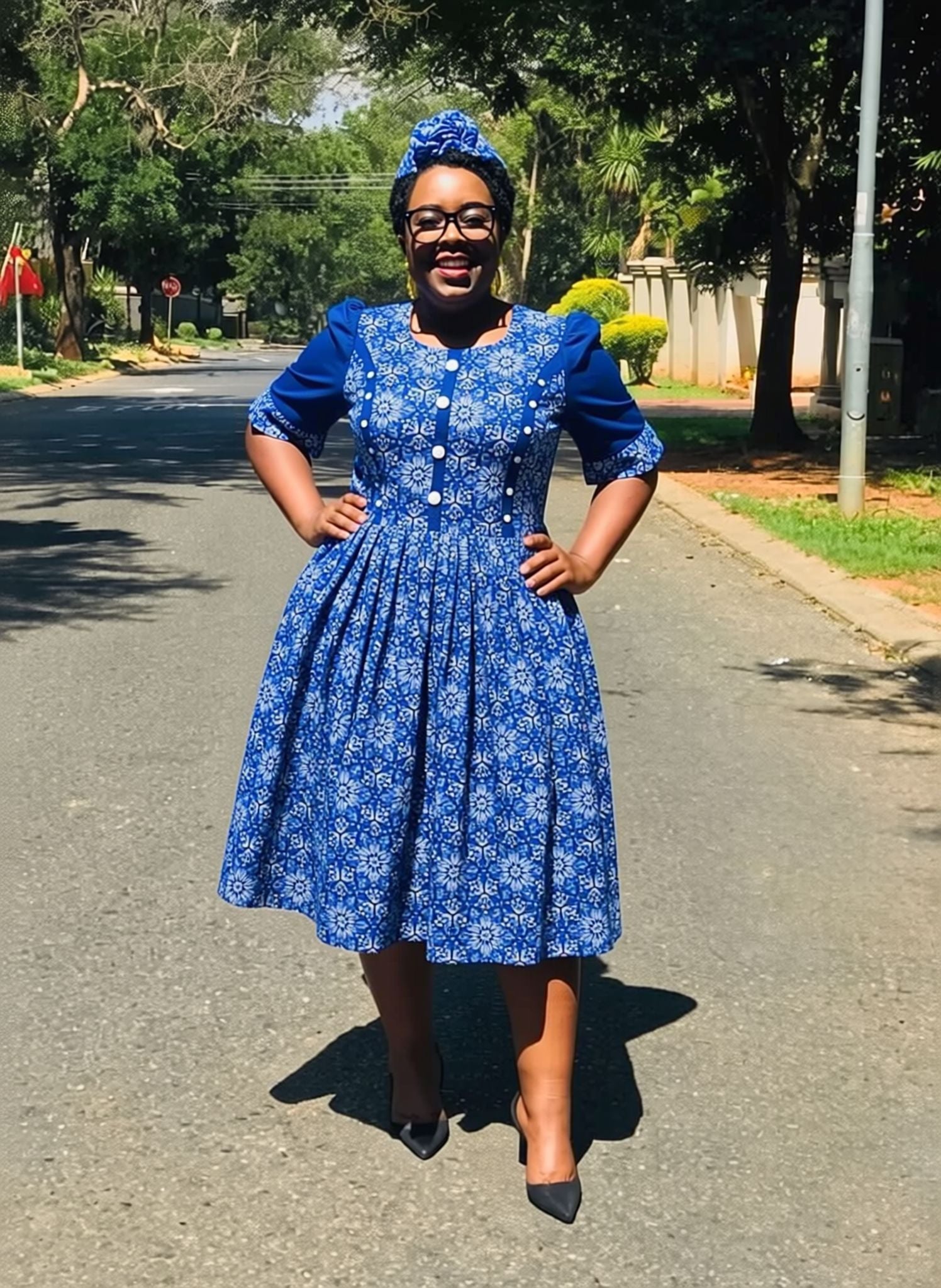 Blue floral print women's traditional midi dress