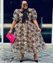 Women's floral print puff sleeve bow neck midi dress - view 2