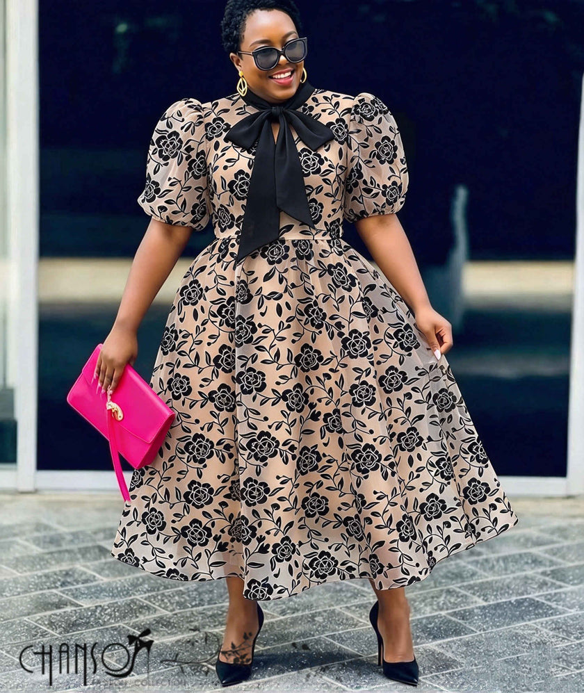 Women's floral print puff sleeve bow neck midi dress - view 2