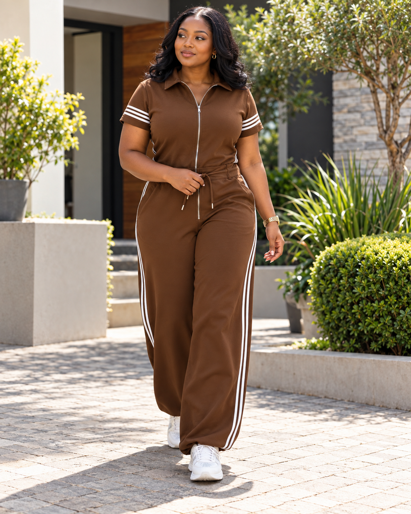 Coffee-brown zip-front jumpsuit with white sleeve and leg stripes and a drawstring waist