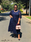 Plus size navy lace panel midi dress with elbow sleeves