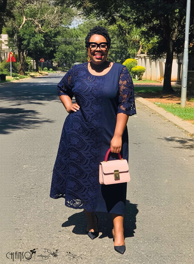Plus size lace detail midi dress for women, available in navy and black from South African fashion retailer - view 2