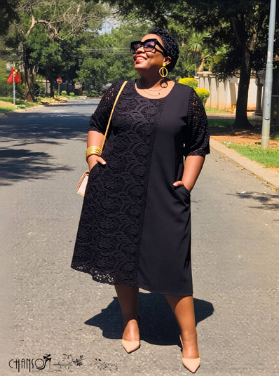 Plus size lace detail midi dress for women, available in navy and black from South African fashion retailer - view 1