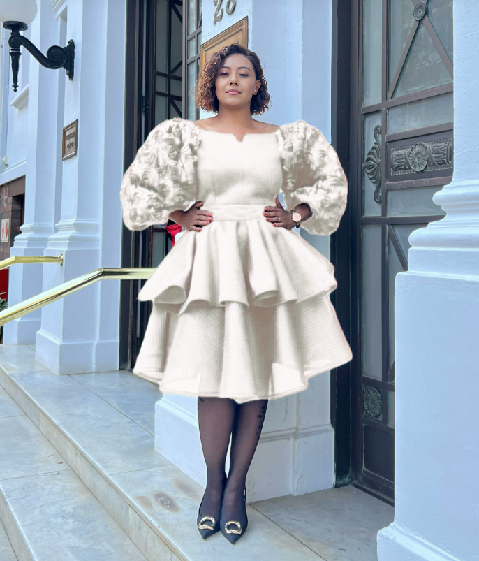 White puff-sleeve layered dress with ruffled sleeves and flared tiered skirt