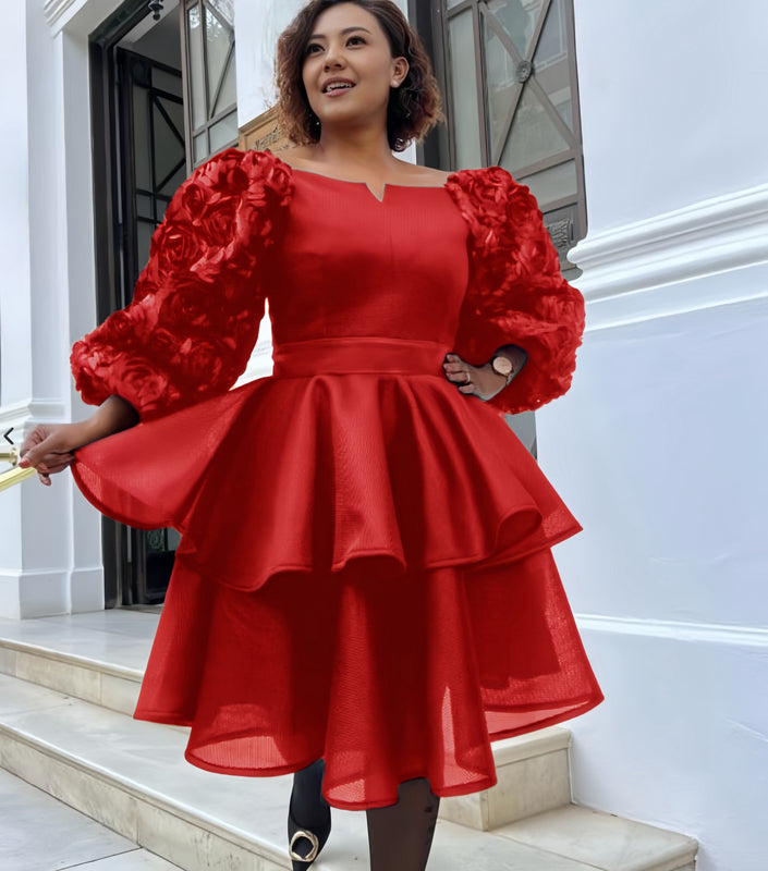 Red puff-sleeve layered dress with ruffled sleeves and tiered skirt
