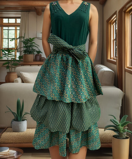Green layered midi dress, sleeveless V-neck with embellished straps and tied waist