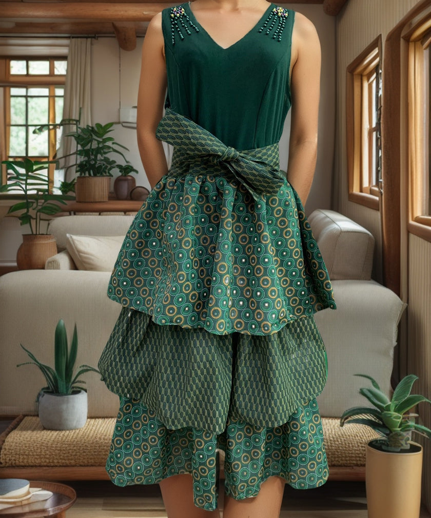 Green layered midi dress, sleeveless V-neck with embellished straps and tied waist