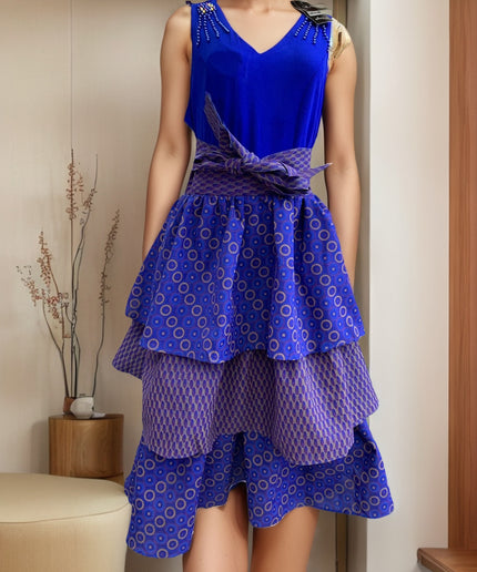 Blue layered midi dress with V-neck and tied waist, patterned African print