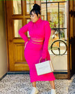 Bright red slim-fit maxi dress with high neck and long sleeves