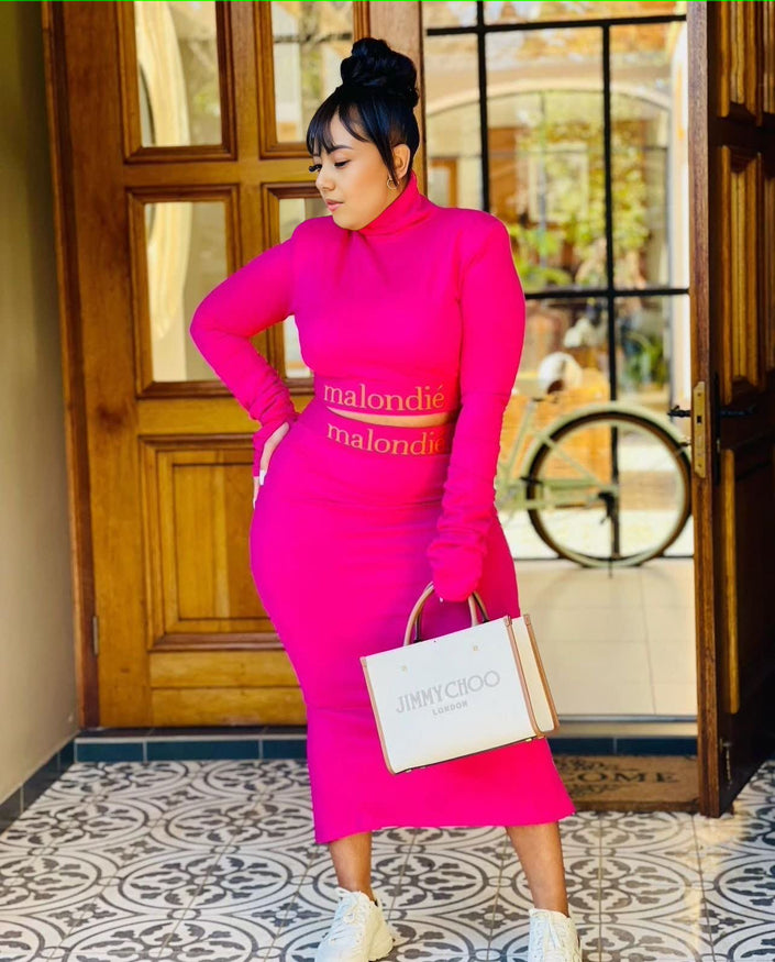 Bright red slim-fit maxi dress with high neck and long sleeves