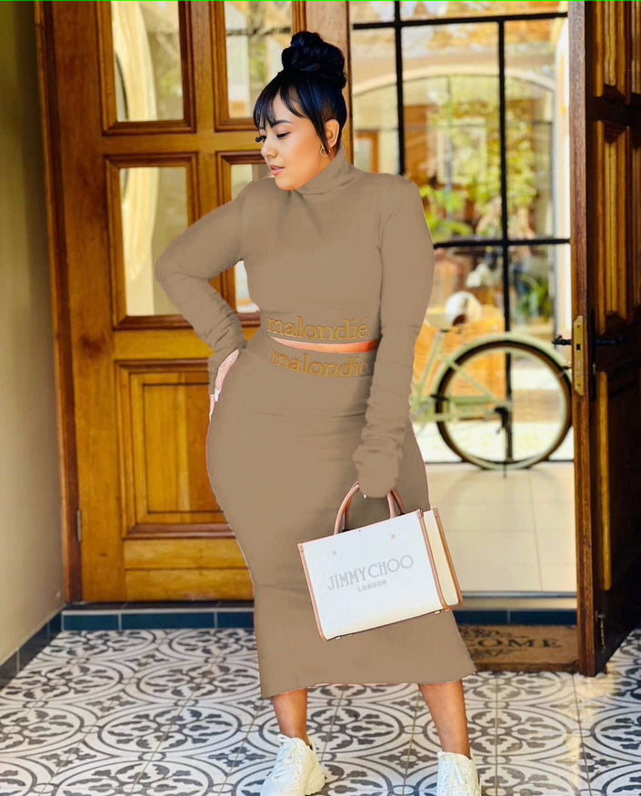 Brown slim-fit maxi dress with high neck and long sleeves