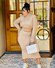 Beige slim-fit maxi dress with high neck and long sleeves