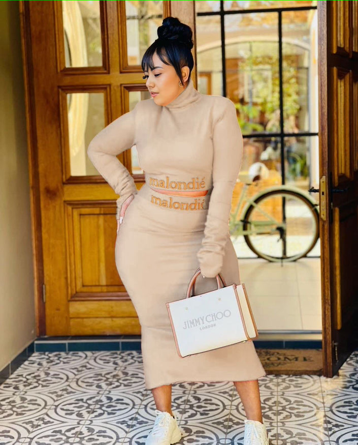 Beige slim-fit maxi dress with high neck and long sleeves