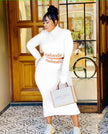 White slim-fit maxi dress with high neck and long sleeves