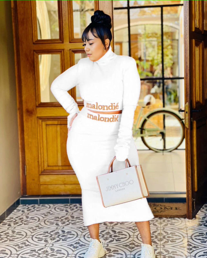 White slim-fit maxi dress with high neck and long sleeves