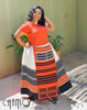 Geometric stripe print dress with orange-red sleeveless top and full A-line skirt