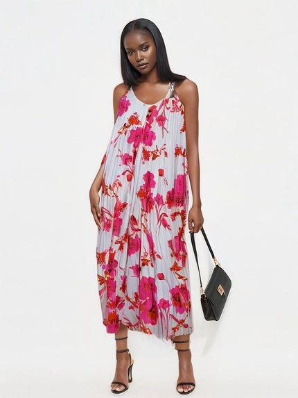 Floral pleated midi dress with sleeveless spaghetti straps, pink and red blooms on white
