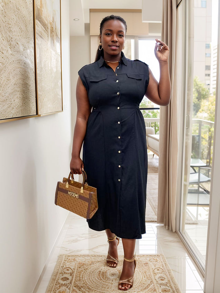 Sleeveless midi shirt dress in dark color with flap pockets and button front
