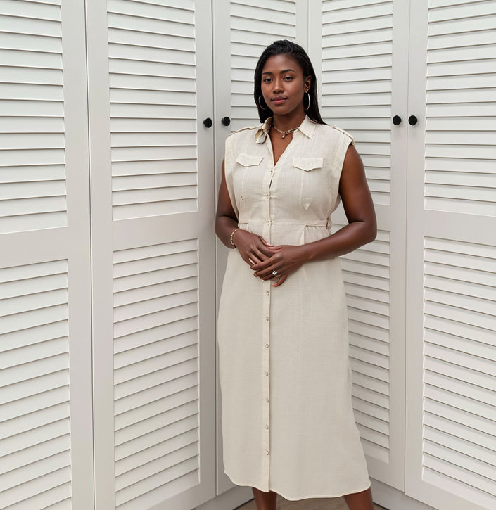 Sleeveless midi shirt dress in light khaki with flap pockets and long button placket
