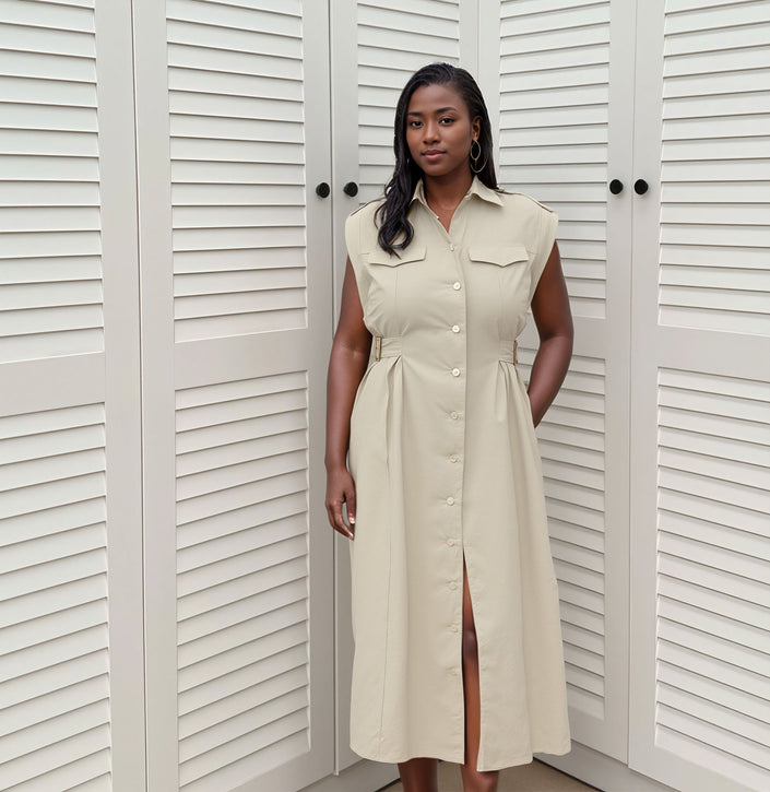 Sleeveless midi shirt dress in light khaki with flap pockets and button front