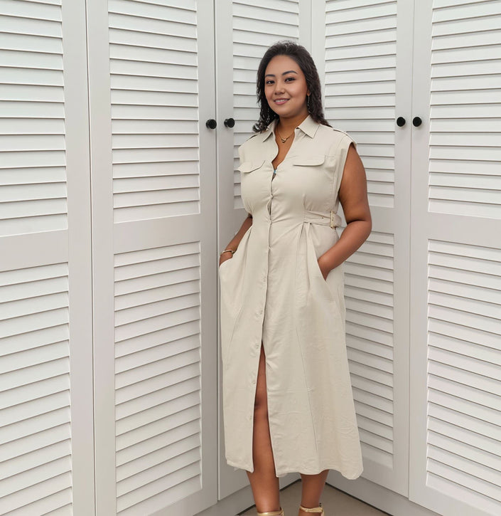 Sleeveless midi shirt dress in light khaki with flap pockets, button front, and slit