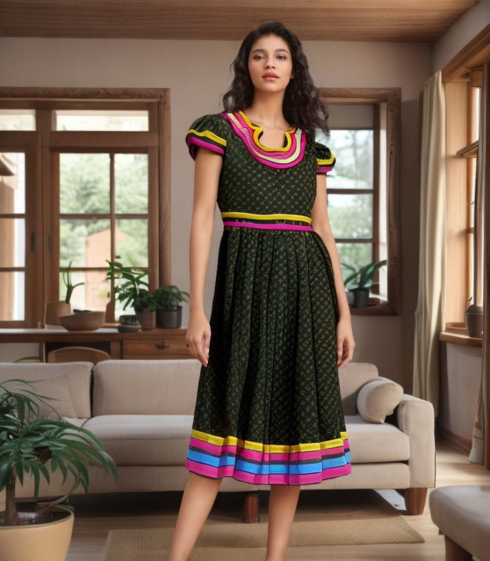 Dark green midi dress with striped puff sleeves and colorful trim at hem