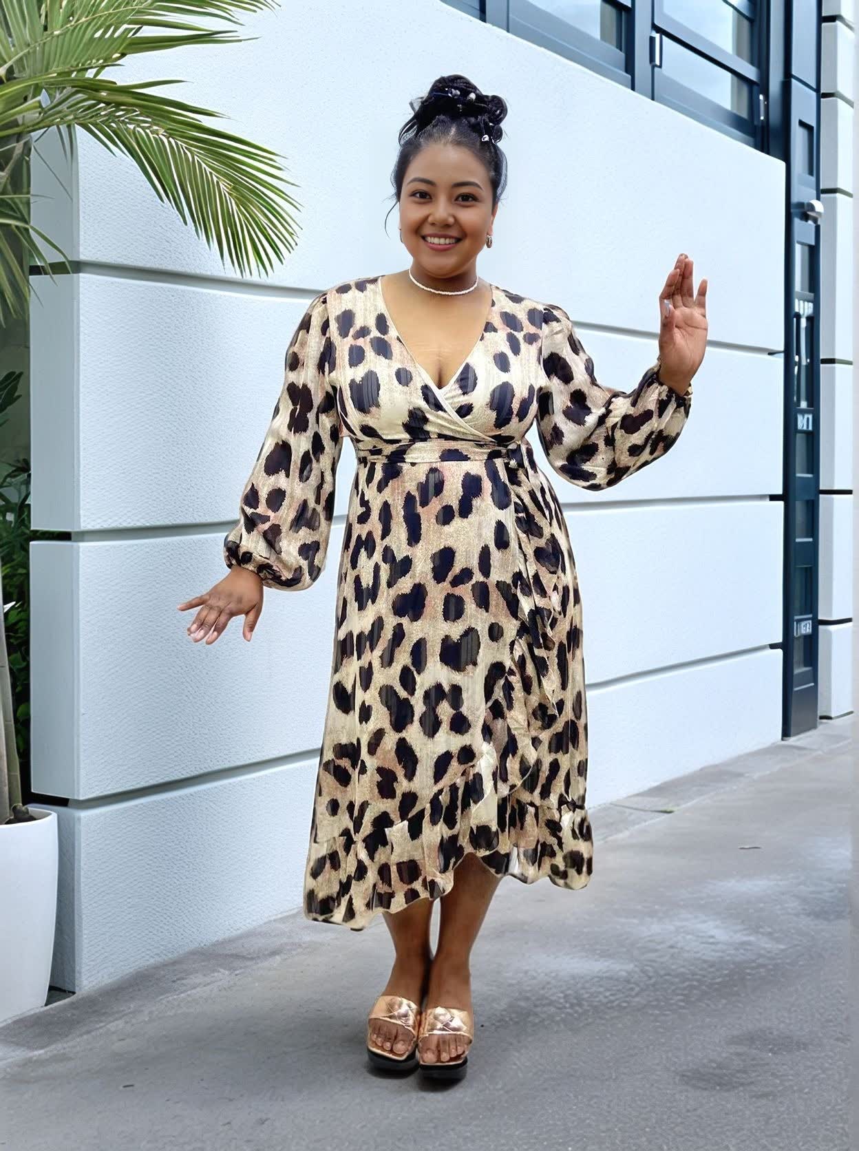 Leopard Print V-neck Puff Sleeve A-line Long Sleeve Dress