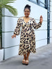 Leopard Print V-neck Puff Sleeve A-line Long Sleeve Dress
