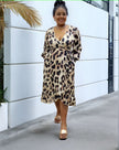 Leopard print midi dress with puff sleeves and V-neck