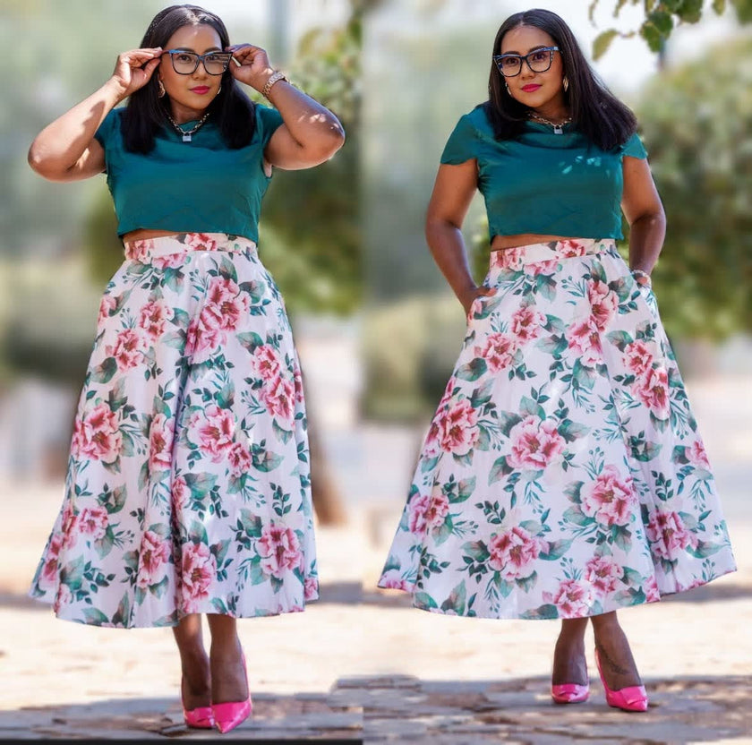 Teal short-sleeve top and floral A-line skirt set, pink and teal blooms