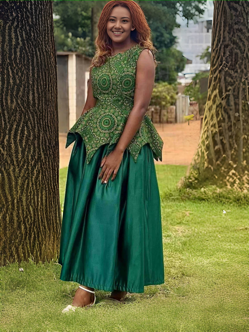 Green embroidered maxi dress with puff sleeves and gathered skirt