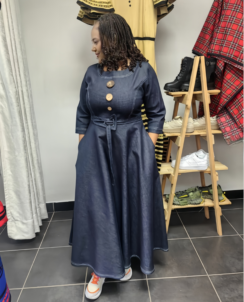 Plus-size dark blue denim midi dress with front buttons and belted flare waist