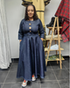 Long-Sleeve Flared Midi Denim Dress with Button Accents