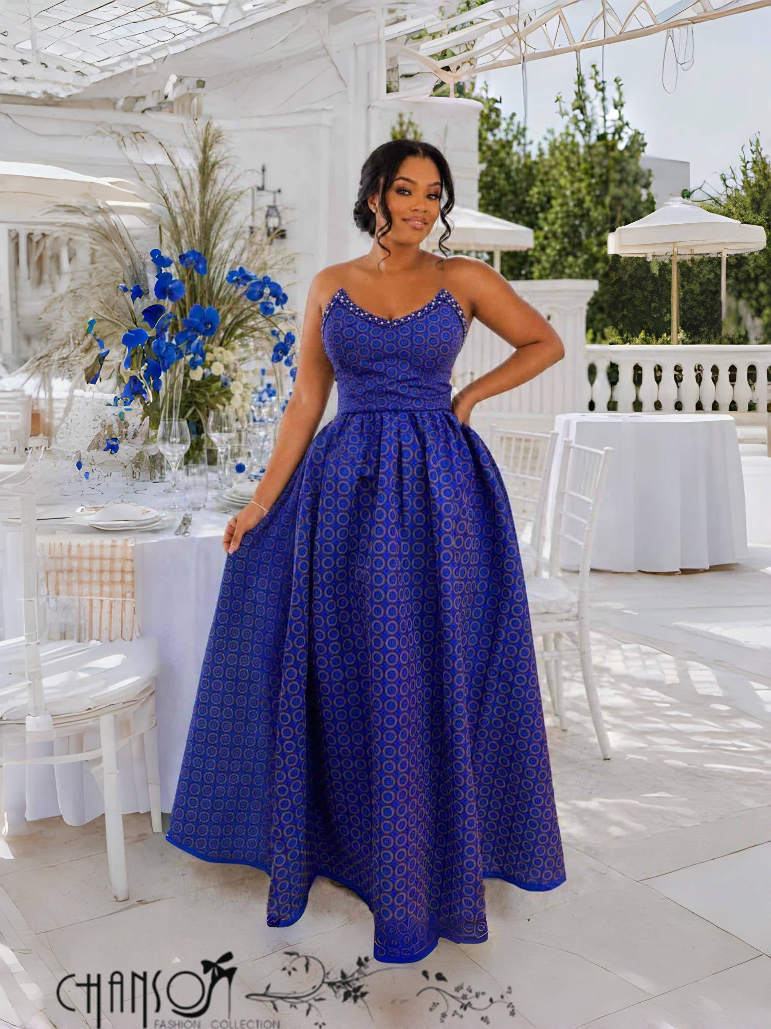 Blue beaded strappy full length traditional women's dress from FashionPrice South Africa